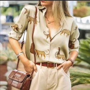 ZARA Cheetah Leopards Satin Feel  LS Blouse sz S